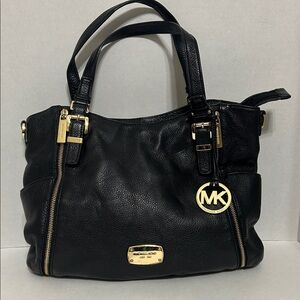 Michael Kors Black Leather Shoulder Bag with Gold Hardware